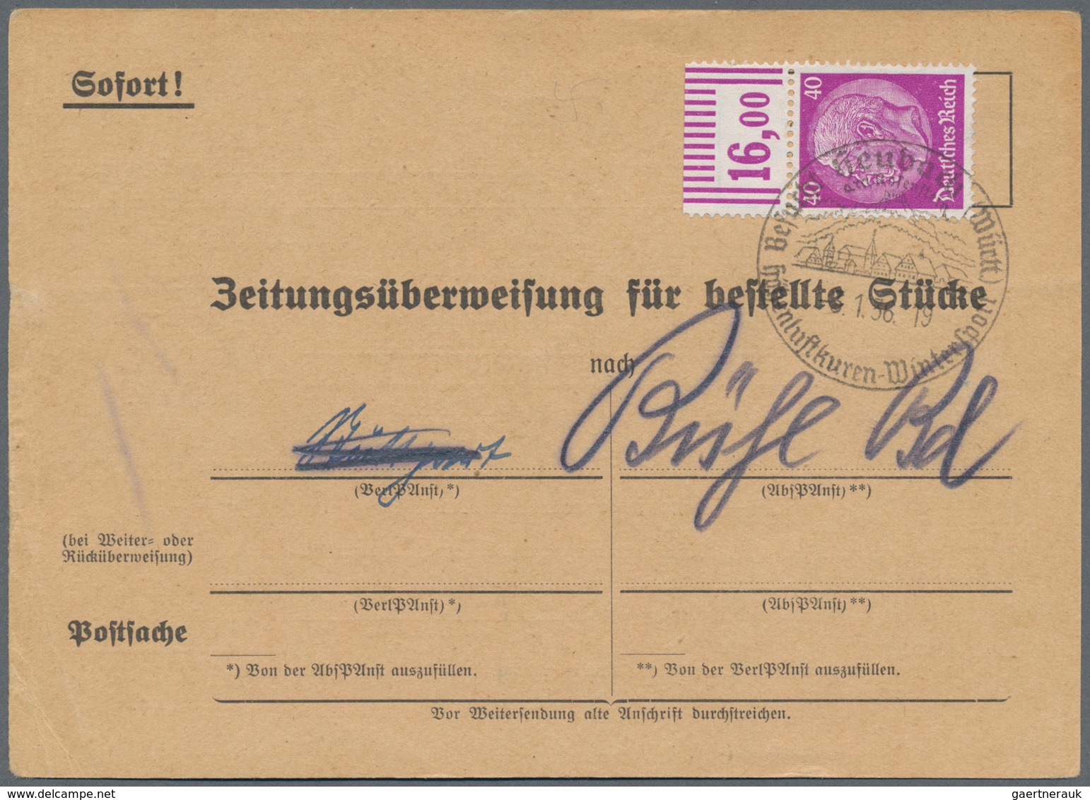 Deutsches Reich - 3. Reich: 1934, 40 Pf Hindenburg, Wz.4, Oberrandstück Im Walzendruck, EF Auf ZEITU - Covers & Documents