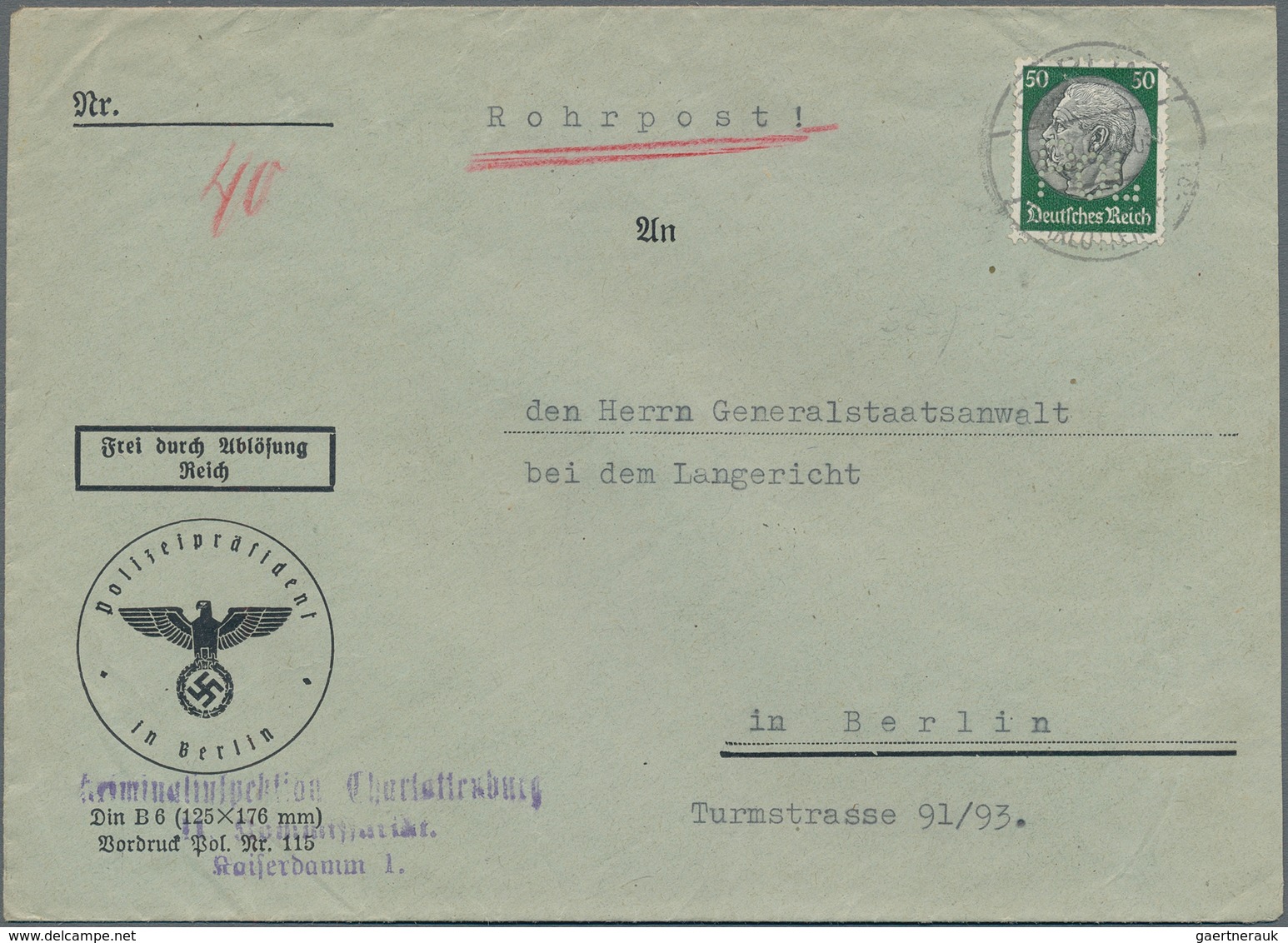 Deutsches Reich - 3. Reich: 1939, 50 Pf Hindenburg Mit POL-Lochung Auf Dienstbrief Mit ROHRPOST In B - Briefe U. Dokumente