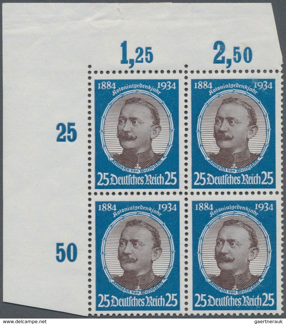 Deutsches Reich - 3. Reich: 1934, Kolonialforscher 25 Pfg. Als Eckrand-Viererblock Oben Links, Falz - Briefe U. Dokumente