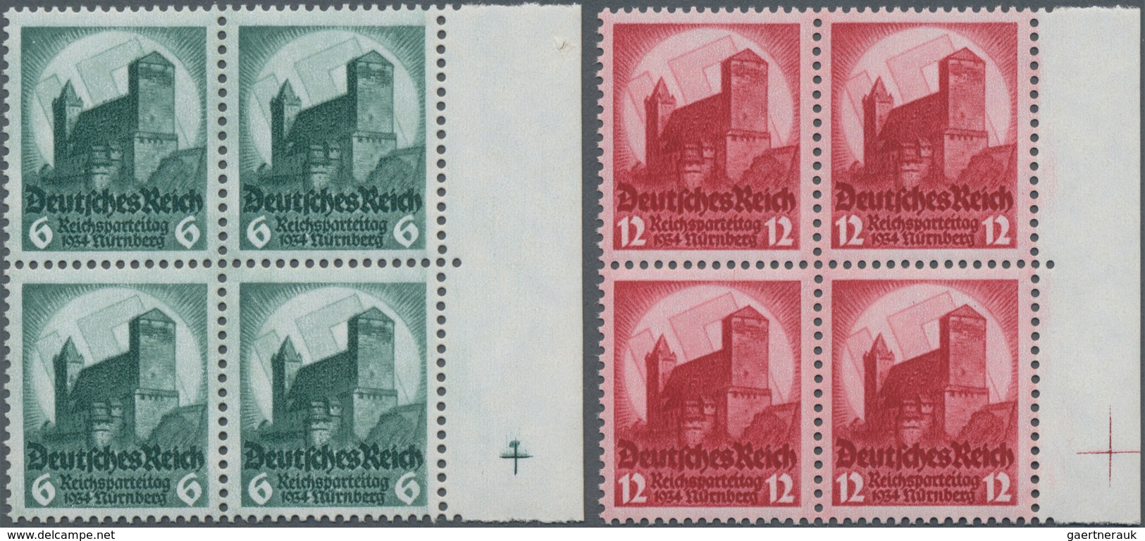 Deutsches Reich - 3. Reich: 1934, 6 Pfg. Und 12 Pfg. Reichsparteitag, Taufrische Luxusrand-Viererblo - Briefe U. Dokumente