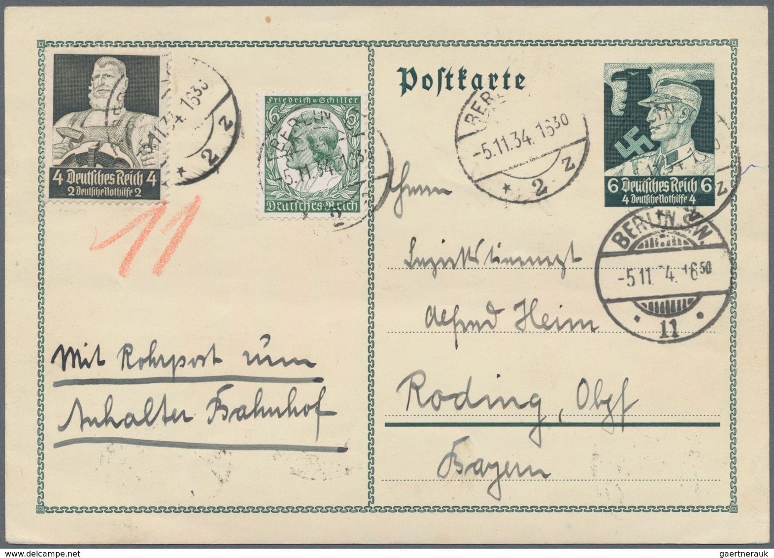 Deutsches Reich - 3. Reich: 1934, Schiller 6 Pf. Und 4 Pf. Stände, Entwertet Am Ersttag 5. November - Covers & Documents