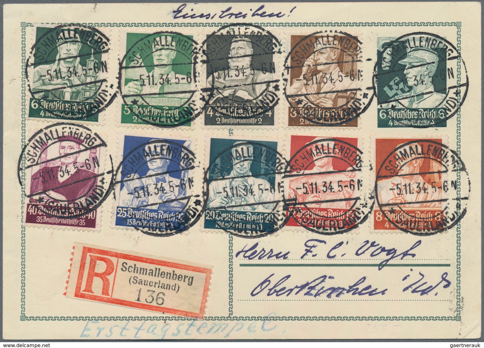 Deutsches Reich - 3. Reich: 1934, Stände, Kompletter Satz Mit Ersttagsstempel SCHMALLENBERG, 5.11.34 - Covers & Documents