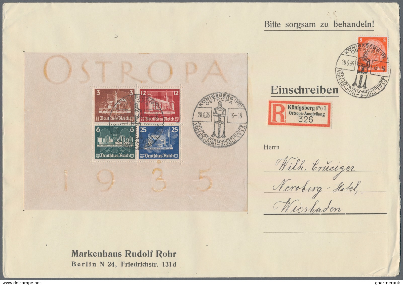 Deutsches Reich - 3. Reich: 1935, Ostropa-Block Mit Beifrankatur 8 Pfg. Hindenburg, Portogerechte Fr - Lettres & Documents