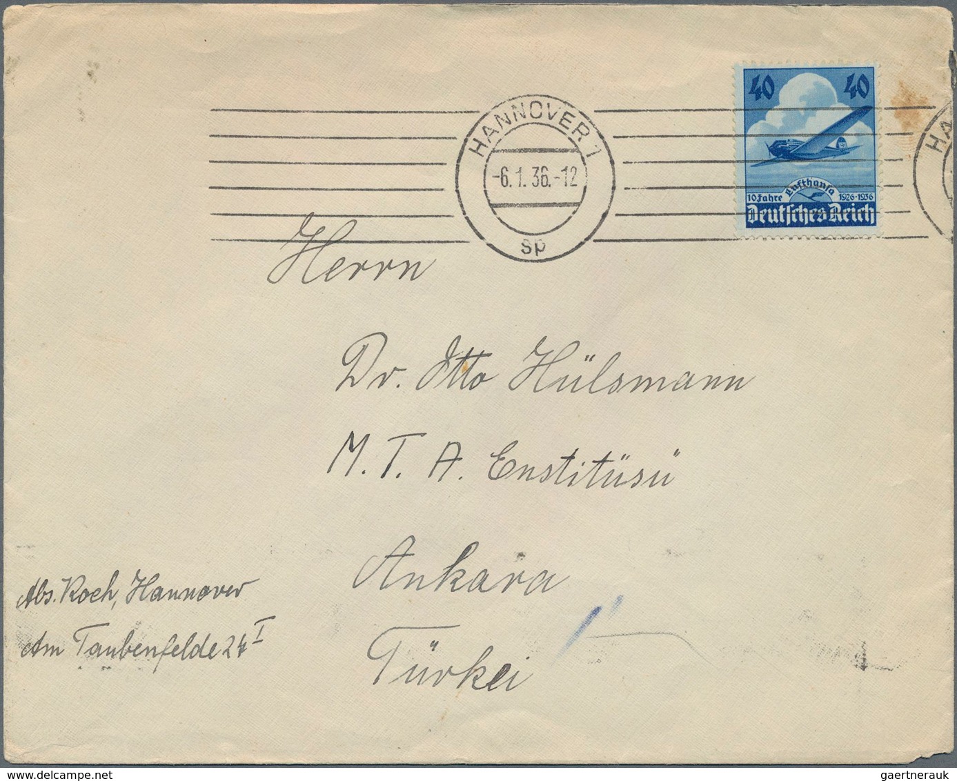 Deutsches Reich - 3. Reich: 1936, 40 Pfg. Lufthansa Auf Auslandsbrief Ab "HANNOVER 1 Sp 6.1.36" In D - Briefe U. Dokumente