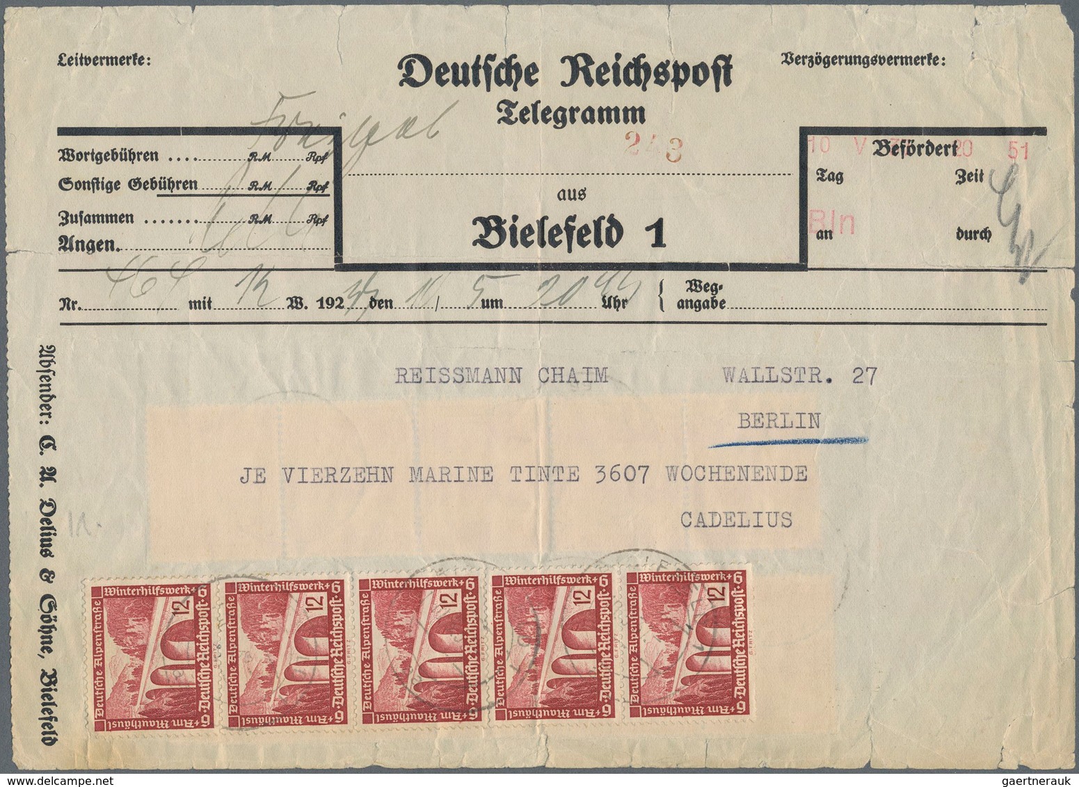 Deutsches Reich - 3. Reich: 1937, Reichspost-Telegramm Aus BIELEFELD Mit Sehr Seltener Mehrfachfrank - Covers & Documents