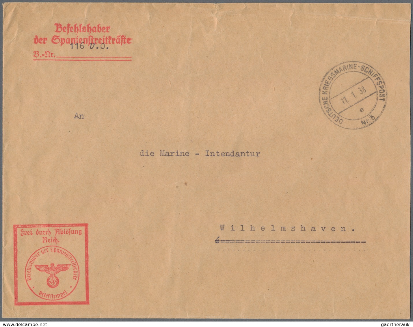 Deutsches Reich - 3. Reich: 1938, Marine-Dienstbrief "BEFEHLSHABER DER SPANIENSTREITKRÄFTE" Mit Ents - Covers & Documents