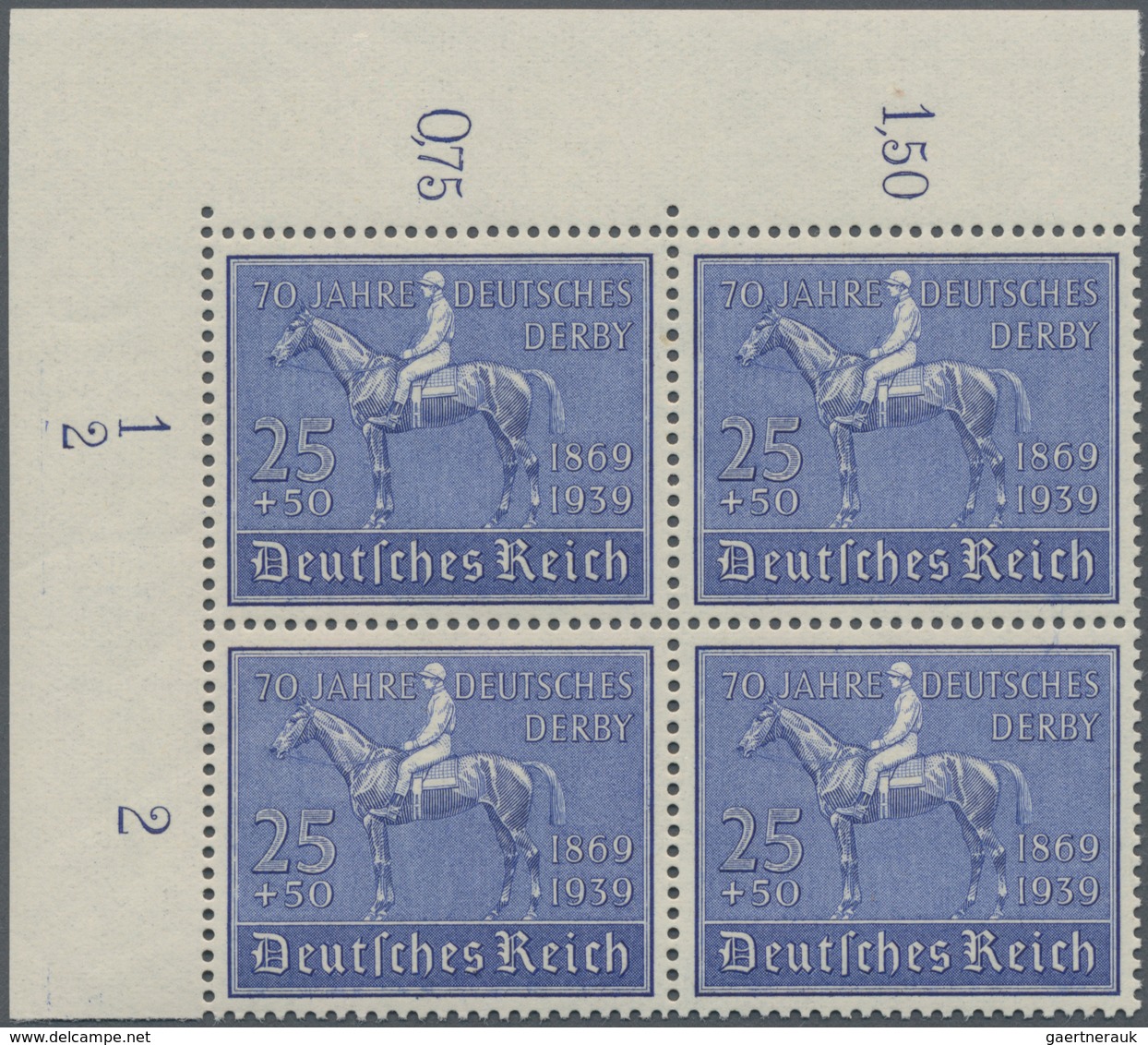 Deutsches Reich - 3. Reich: 1939, 25+50 Pf 70. Jahre Deutsches Derby, Postfrische Bogenecke Links Ob - Briefe U. Dokumente
