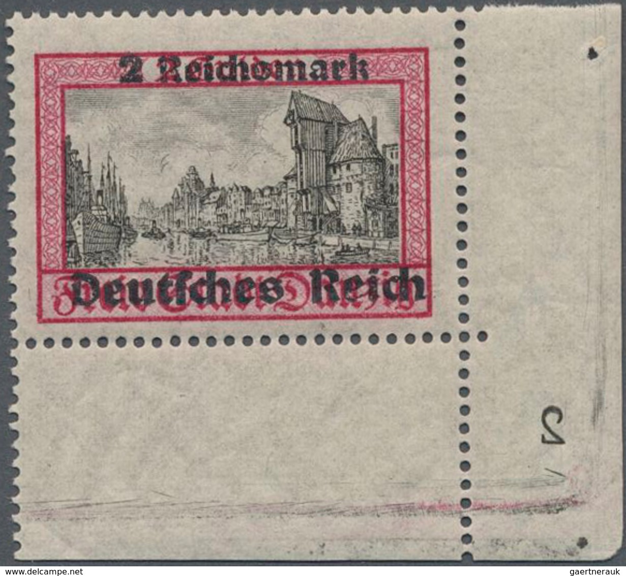 Deutsches Reich - 3. Reich: 1939, 2 RM Danzig Abschied, Eckrandstück Unten Rechts Mit Plattennummer - Covers & Documents