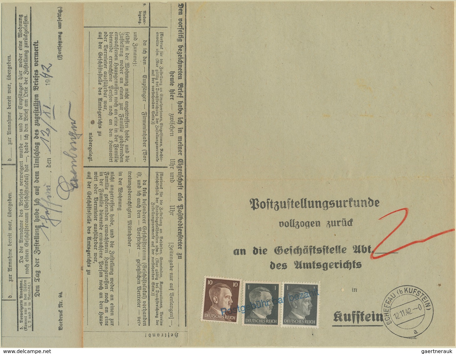 Deutsches Reich - 3. Reich: 1942: Hitler 10 Pfg Und 1 Pfg (2x) Auf Postzustellungsurkunde Von Kufste - Briefe U. Dokumente