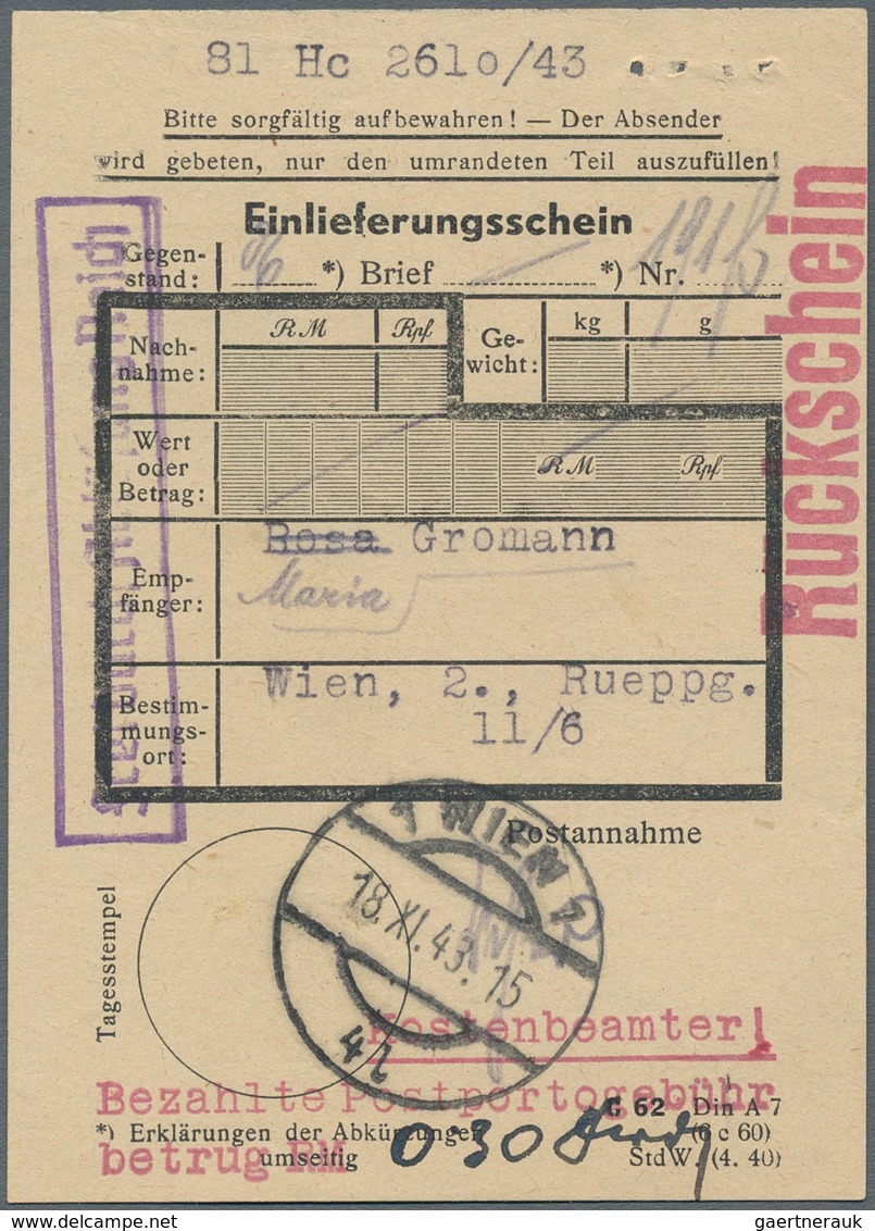 Deutsches Reich - 3. Reich: 1943, 30 Pf Hitler Als EF Auf R-Gerichtsbrief Mit Rückschein In WIEN Inc - Briefe U. Dokumente