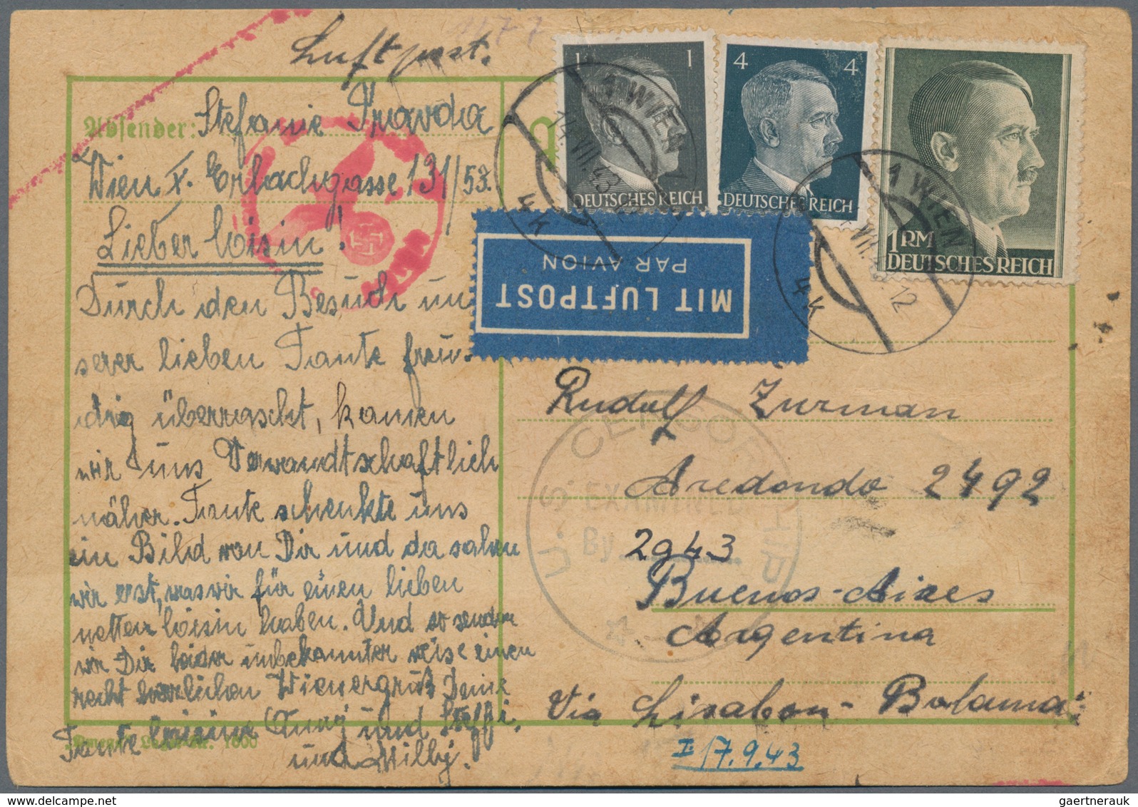 Deutsches Reich - 3. Reich: 1943, Hitler 1 RM MiF Mit 1 Und 4 Pf Desgleichen Auf Portogerechter Luft - Covers & Documents