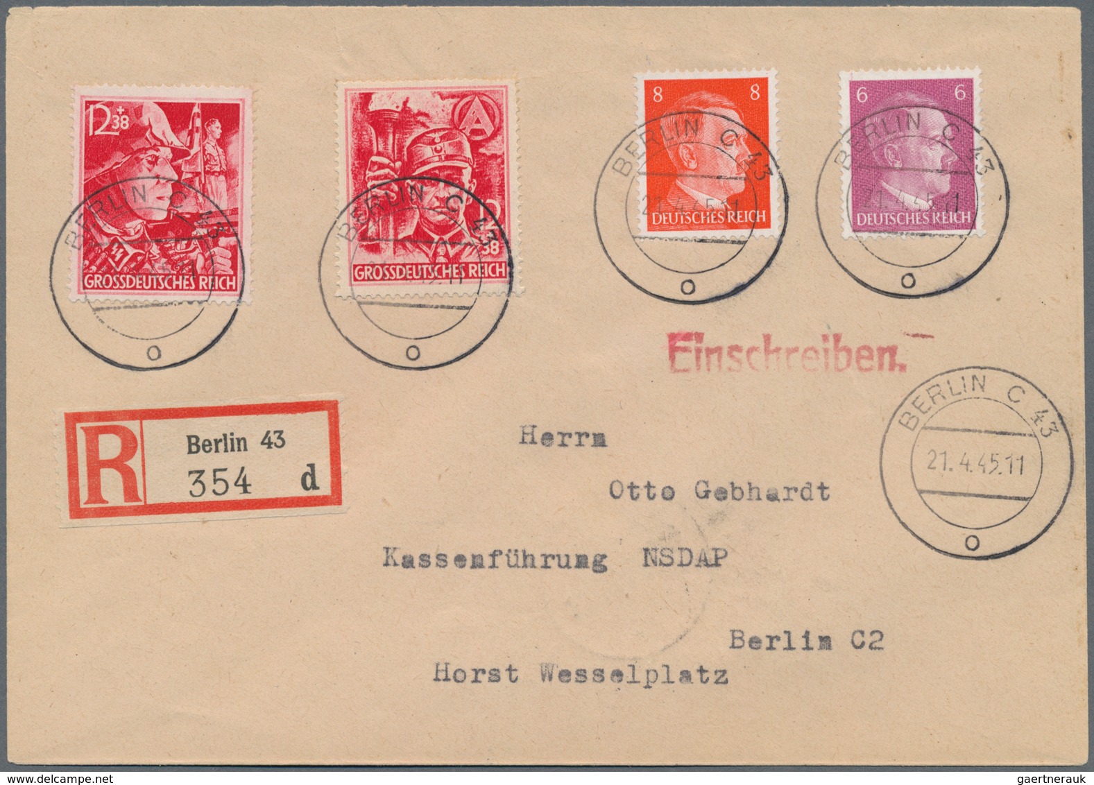 Deutsches Reich - 3. Reich: 1945, SA/SS Auf Orts-R-Brief. Aus Dem Befund Schlegel (1992): "D.R. Nr. - Lettres & Documents