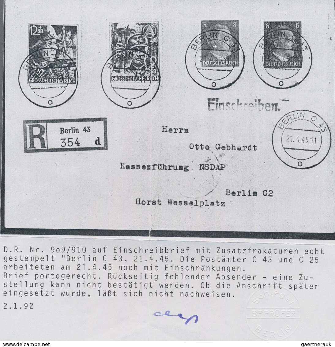 Deutsches Reich - 3. Reich: 1945, SA/SS Auf Orts-R-Brief. Aus Dem Befund Schlegel (1992): "D.R. Nr. - Lettres & Documents