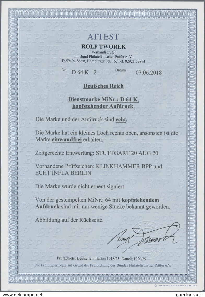 Deutsches Reich - Dienstmarken: 1920, 1 M. "Amtlicher Verkehr" Mit Kopfstehendem Aufdruck, Gebraucht - Service