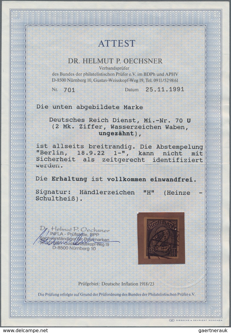 Deutsches Reich - Dienstmarken: 1922, 2 Mark Schwarzblau, UNGEZÄHNT, Attest Dr. Oechsner BPP (1991) - Oficial