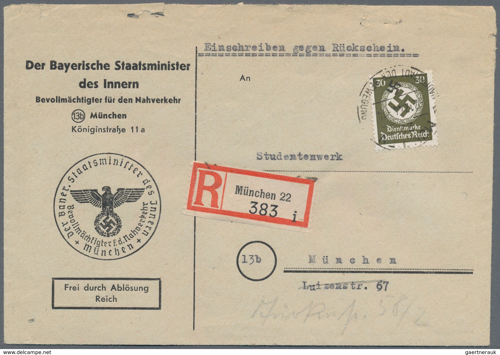 Deutsches Reich - Dienstmarken: 1944, 30 Pf Grauoliv, OWz., Portogerechte Einzelfrankatur Für Die Rü - Officials