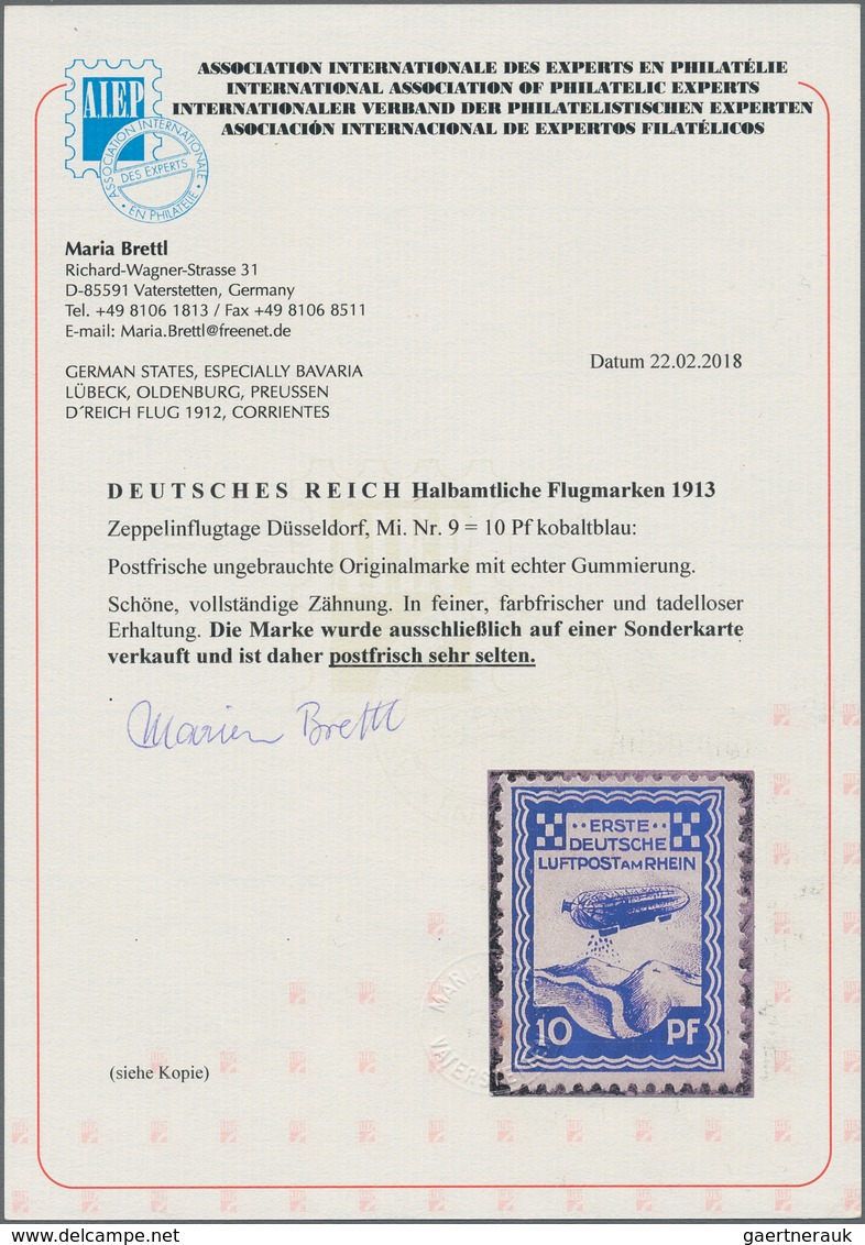 Deutsches Reich - Halbamtliche Flugmarken: 1913, Zeppelinflugtage Düsseldorf, 10 Pfg. Kobaltblau, Fa - Luchtpost & Zeppelin