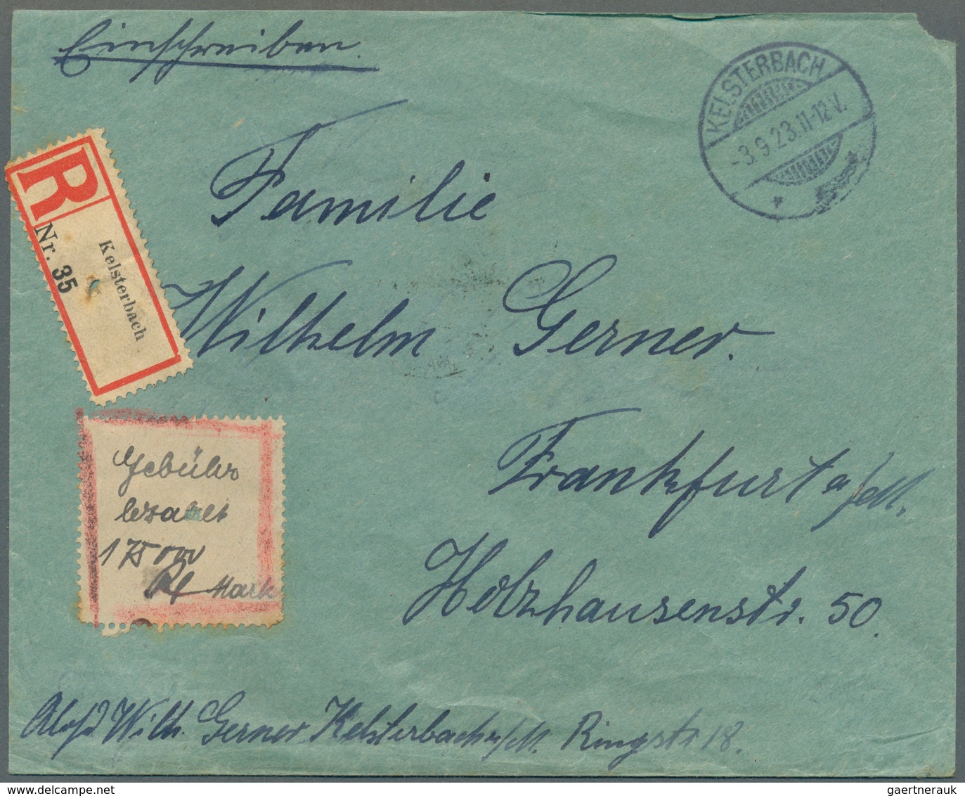 Deutsches Reich - Lokalausgaben 1918/23: KELSTERBACH, 1923, Gebührenzettel Mit Handschriftlichem Ein - Covers & Documents