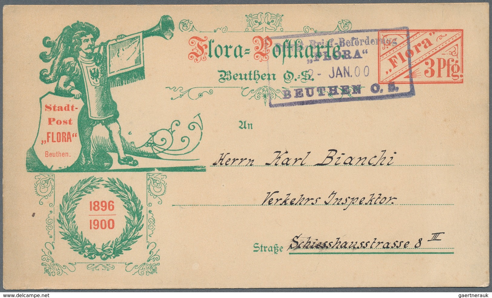 Deutsches Reich - Privatpost (Stadtpost): 1900, BEUTHEN O.S., "Flora-Postkarte" Mit Wertstempel 3 Pf - Postes Privées & Locales