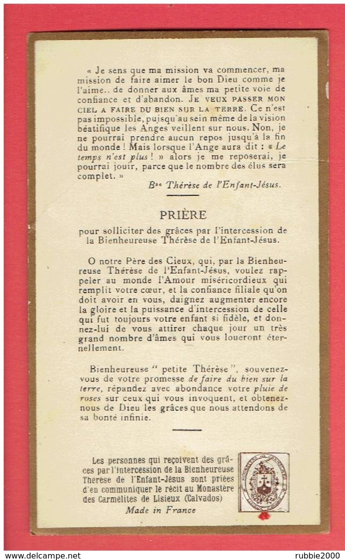 SAINTE THERESE DE L ENFANT JESUS IMAGE PIEUSE 1921 RELIQUAIRE RELIQUE ETOFFE AYANT TOUCHE LA BIENHEUREUSE - Religione & Esoterismo