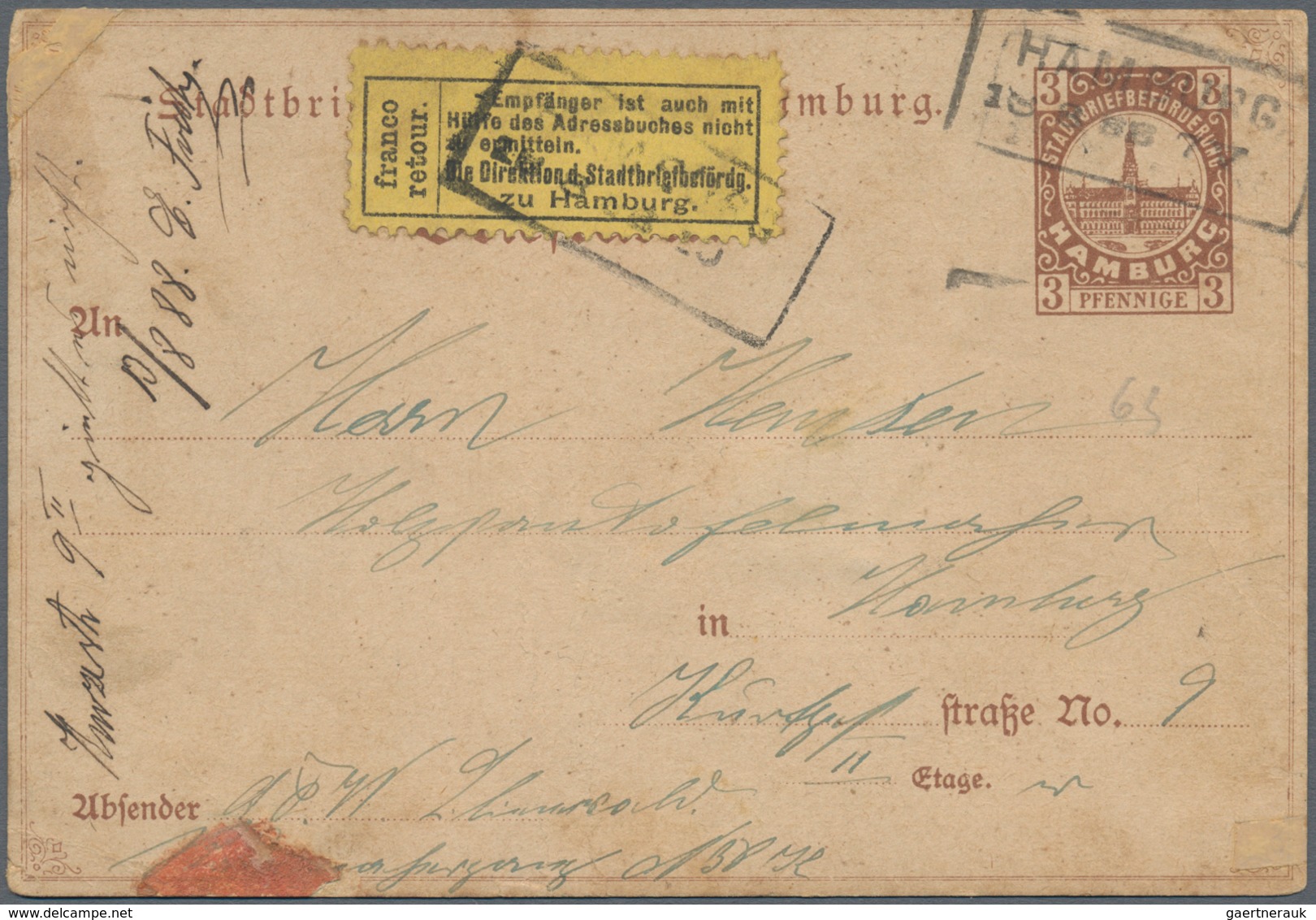 Deutsches Reich - Privatpost (Stadtpost): HAMBURG Stadtbriefbeförderung 1877 GA-Karte 3 Pf Mit Ra2 " - Privatpost