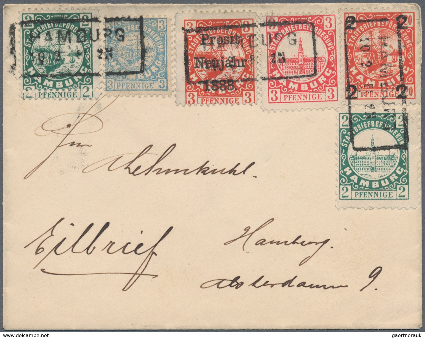 Deutsches Reich - Privatpost (Stadtpost): Hamburg 1888, EXTREM SELTENE MISCHFRANKATUR Von Sechs Vers - Private & Local Mails