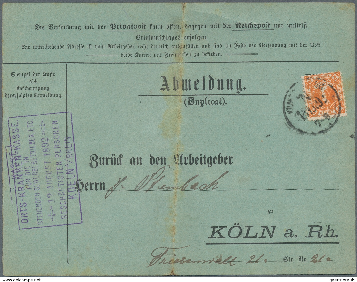 Deutsches Reich - Privatpost (Stadtpost): Köln 1892 2 Pfennig Orange Auf Einem Duplikat Einer Abmeld - Correos Privados & Locales