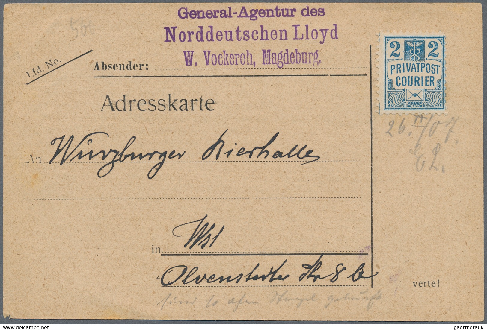 Deutsches Reich - Privatpost (Stadtpost): Magdeburg 1907 2 Pfennig Blau Auf Karte Der Generalagentur - Private & Local Mails