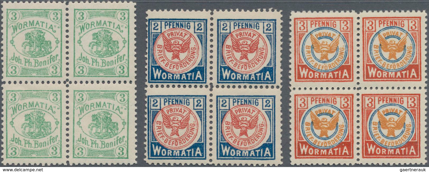 Deutsches Reich - Privatpost (Stadtpost): WORMS, Wormatia, Wappen 3 (Pfg.)im Postfrischen Viererbloc - Privatpost
