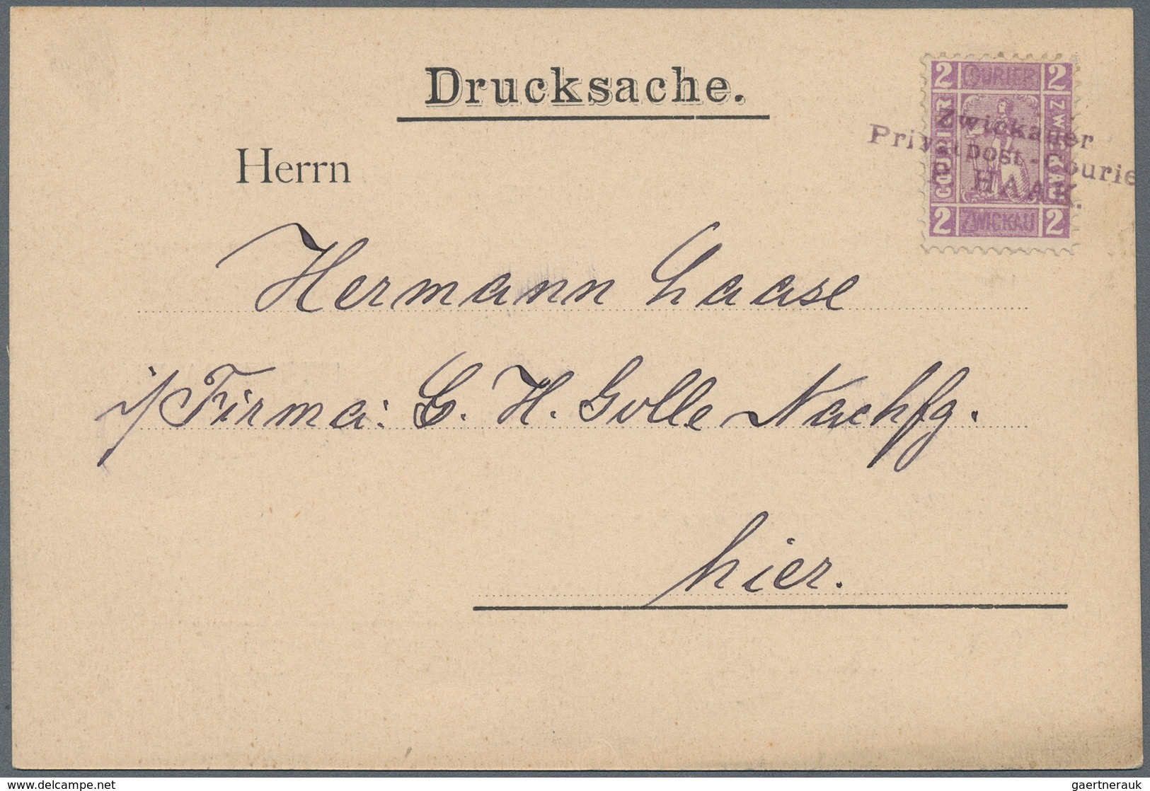 Deutsches Reich - Privatpost (Stadtpost): Zwickau P. Haak 1897 2 Pfennig Lila Auf Drucksache Von Der - Privatpost