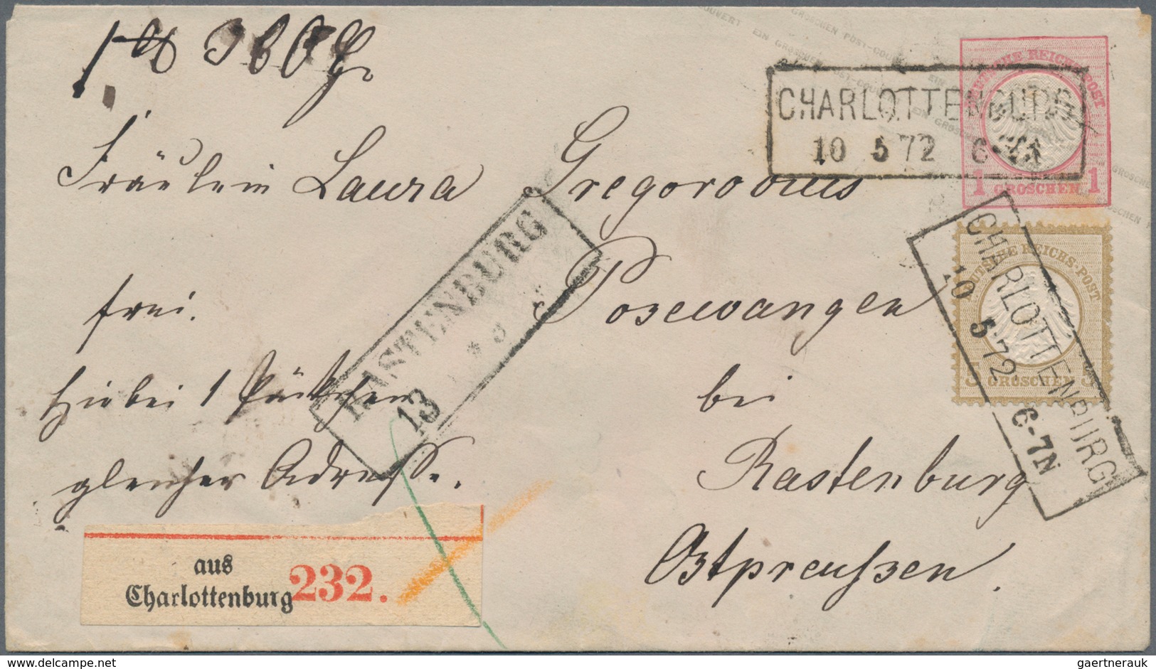 Deutsches Reich - Ganzsachen: 1872, Kleiner Schild 1 Gr. Karmin GA-Umschlag Mit Zusatzfrankatur 5 Gr - Autres & Non Classés