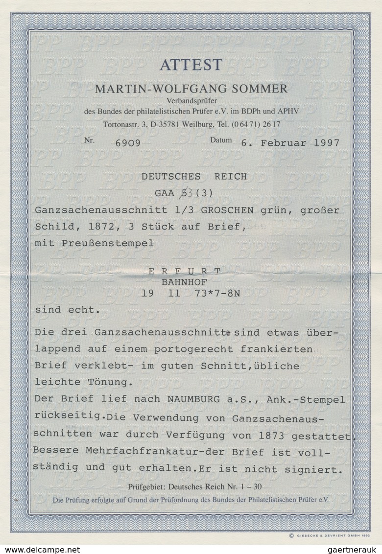 Deutsches Reich - Ganzsachen: 1872, Ganzsachen-Ausschnitt Großer Schild 1/3 Gr Grün Dreimal Auf Brie - Other & Unclassified