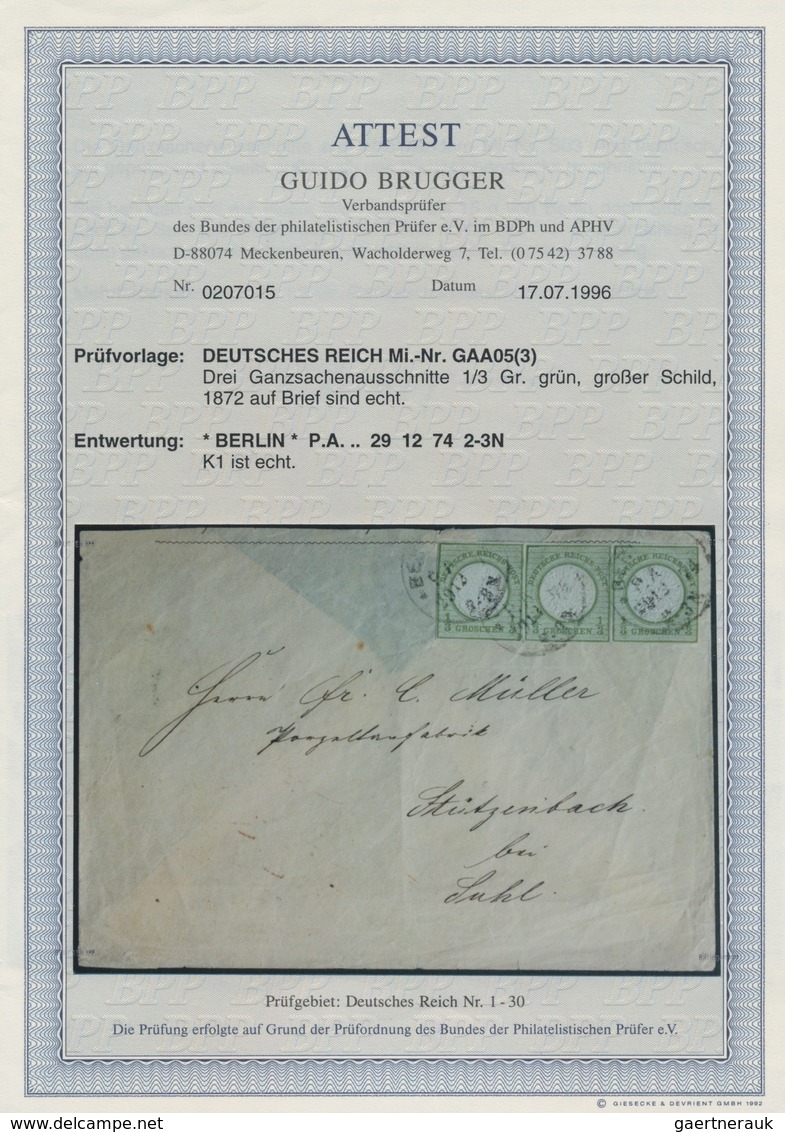 Deutsches Reich - Ganzsachen: 1872, Ganzsachen-Ausschnitt Großer Schild 1/3 Gr Grün Dreimal Auf Brie - Autres & Non Classés