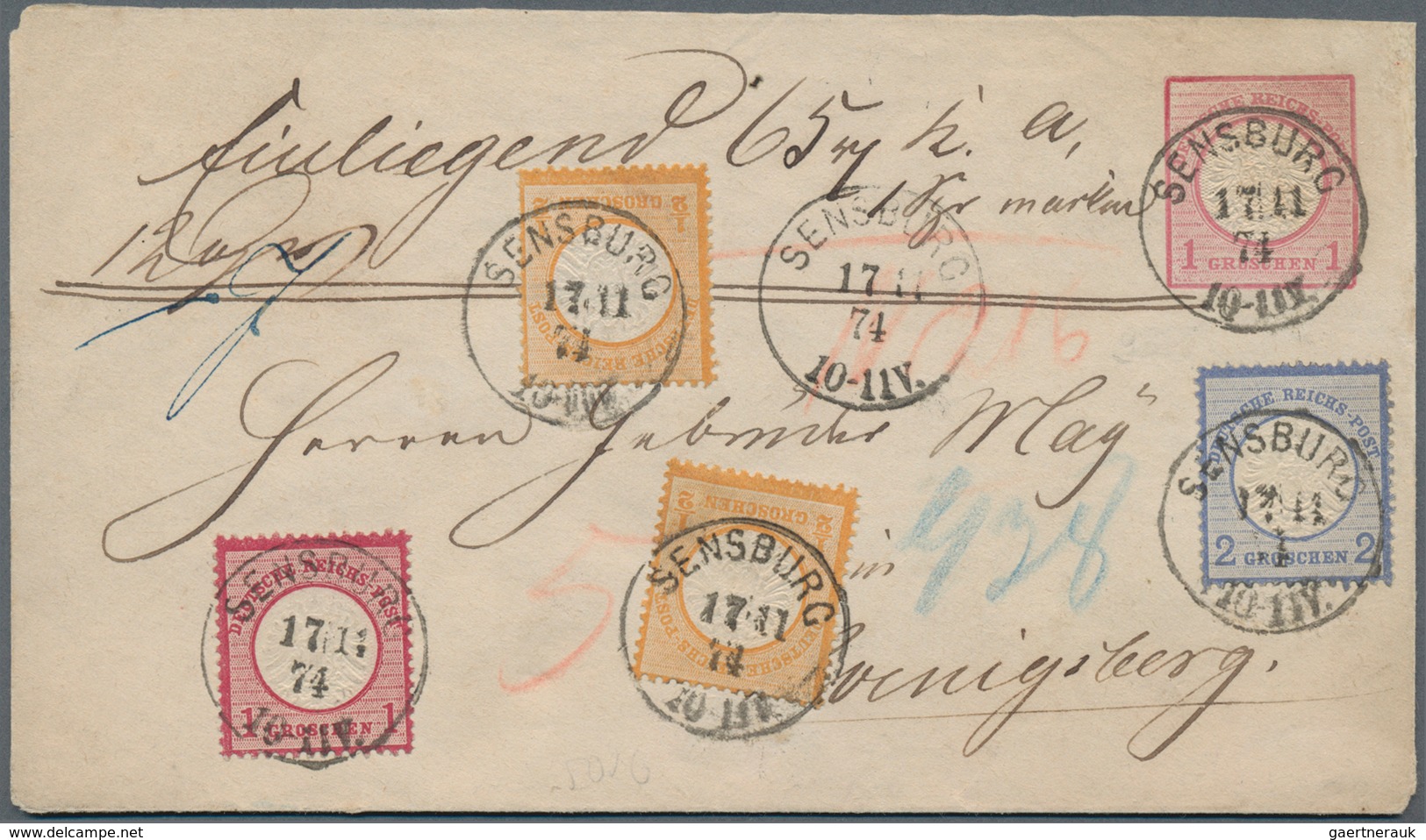 Deutsches Reich - Ganzsachen: 1872, Großer Schild GA-Umschlag 1 Gr. Mit 2x ½ Gr., 1 Gr. Und 2 Gr. Al - Autres & Non Classés