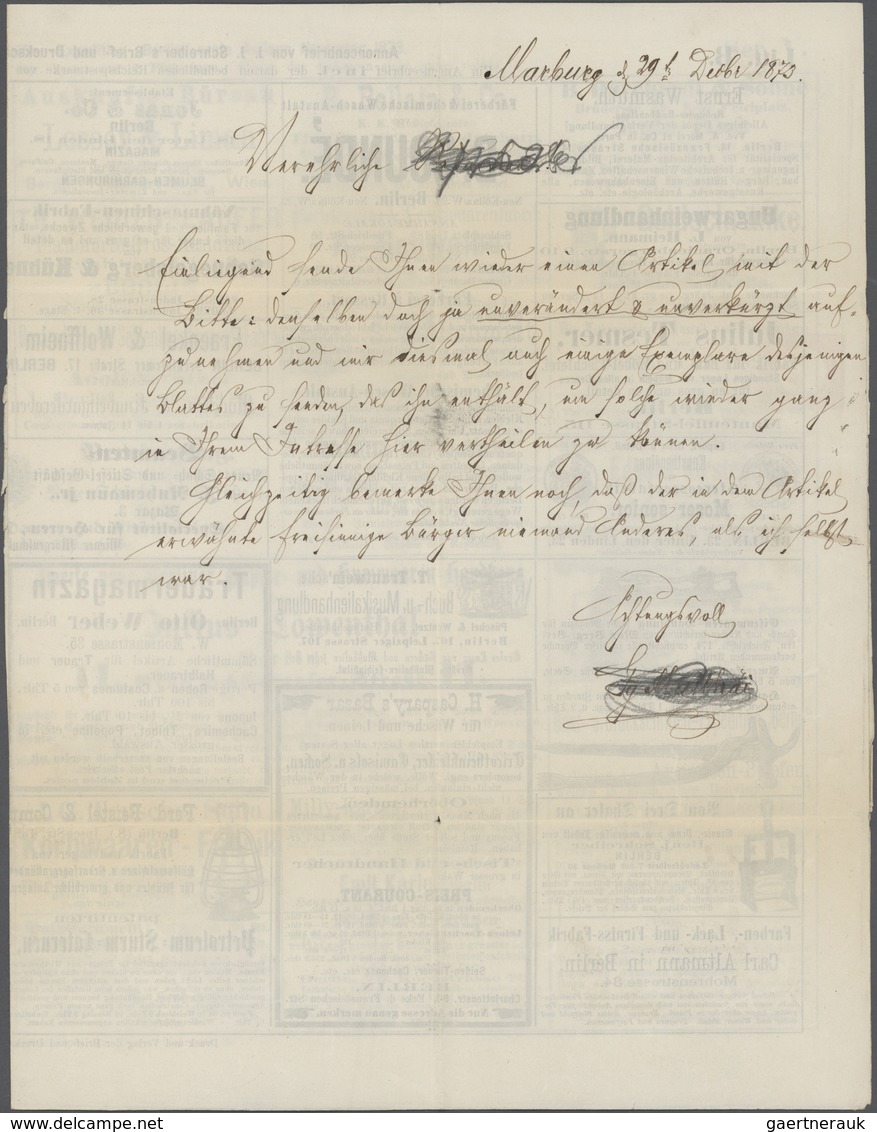 Deutsches Reich - Ganzsachen: 1872, Private Annoncenbrief-Ganzsache 1 Gr. "J.J.Schreibers .. Exped.B - Autres & Non Classés