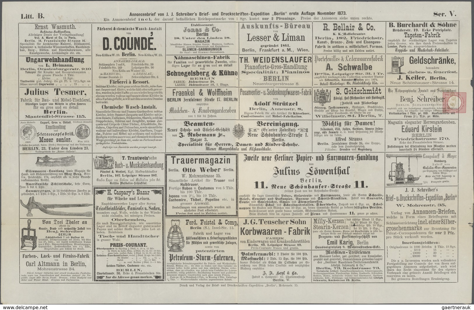 Deutsches Reich - Ganzsachen: 1872, Private Annoncenbrief-Ganzsache 1 Gr. "J.J.Schreibers .. Exped.B - Sonstige & Ohne Zuordnung