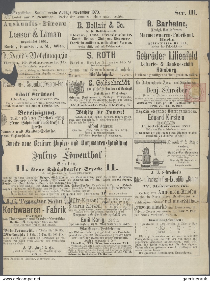 Deutsches Reich - Ganzsachen: 1872, Private Annoncenbrief-Ganzsache 1 Gr. "(J.J.Schreibers..) Exped. - Other & Unclassified