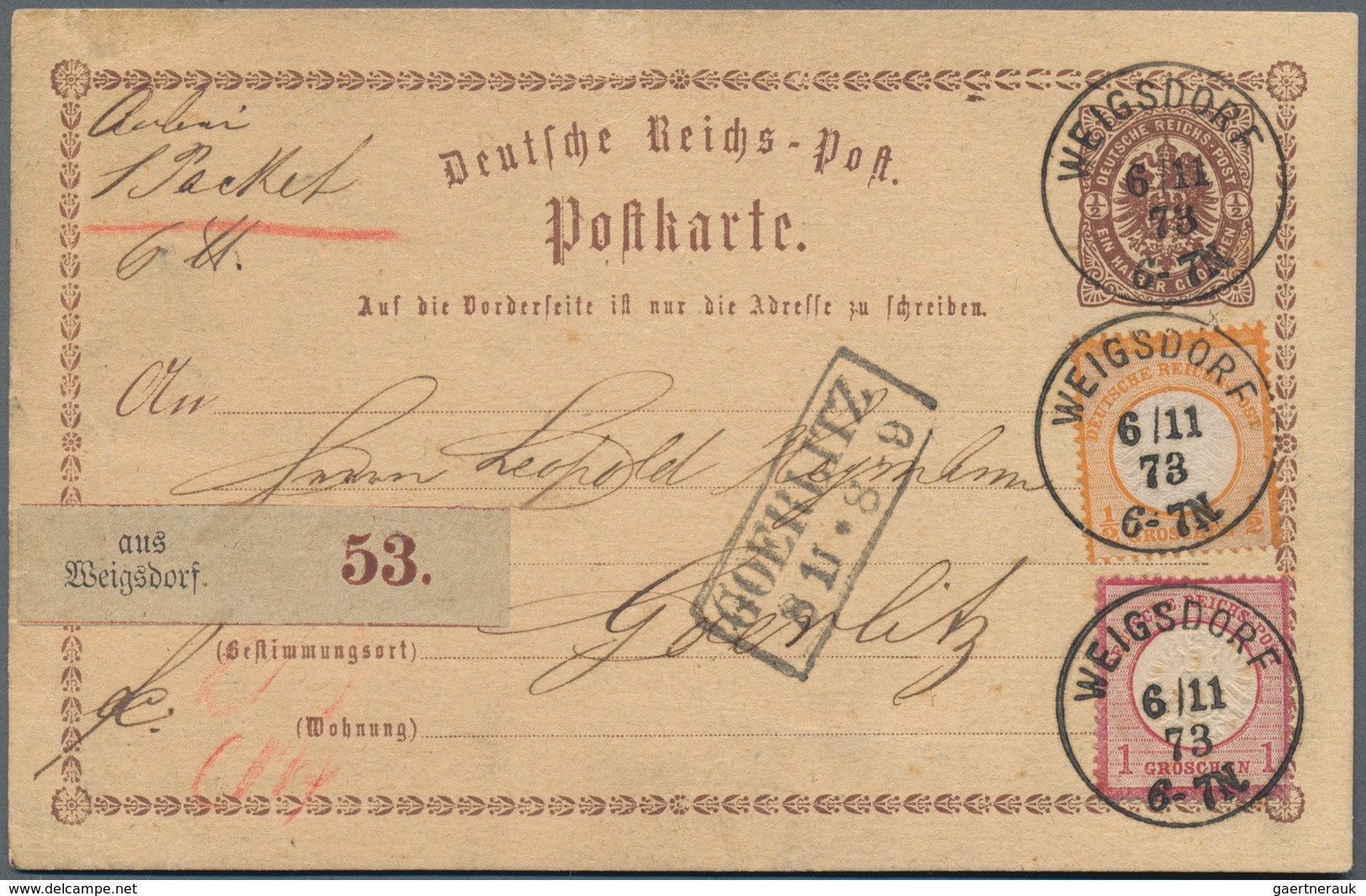 Deutsches Reich - Ganzsachen: 1873, GA-Karte ½ Gr Mit Großer Schild ½ Gr. Und 1 Gr. Verwendet Als PA - Autres & Non Classés