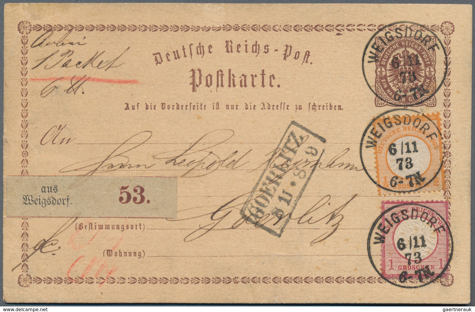 Deutsches Reich - Ganzsachen: 1873, GA-Karte ½ Gr Mit Großer Schild ½ Gr. Und 1 Gr. Verwendet Als PA - Other & Unclassified