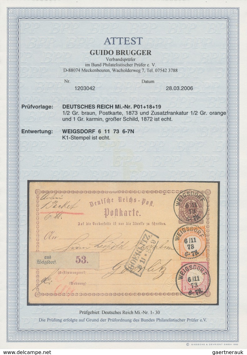 Deutsches Reich - Ganzsachen: 1873, GA-Karte ½ Gr Mit Großer Schild ½ Gr. Und 1 Gr. Verwendet Als PA - Andere & Zonder Classificatie