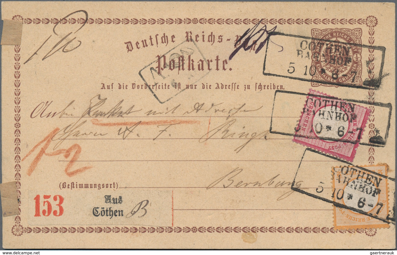 Deutsches Reich - Ganzsachen: 1873, GA-Karte ½ Gr Mit Großer Schild ½ Gr. Und 1 Gr. Verwendet Als PA - Autres & Non Classés