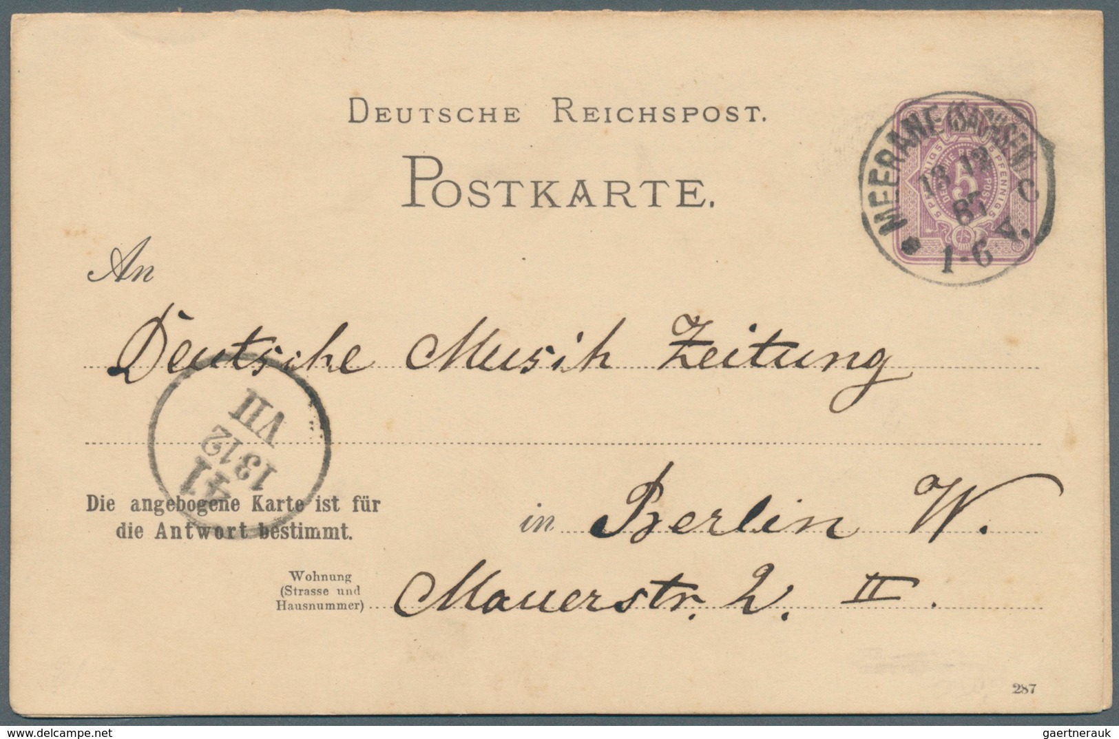 Deutsches Reich - Ganzsachen: 1887, Doppelkarte 5+5 Pfg Violett Ziffer, Platte B, Gebraucht Von "Mee - Autres & Non Classés