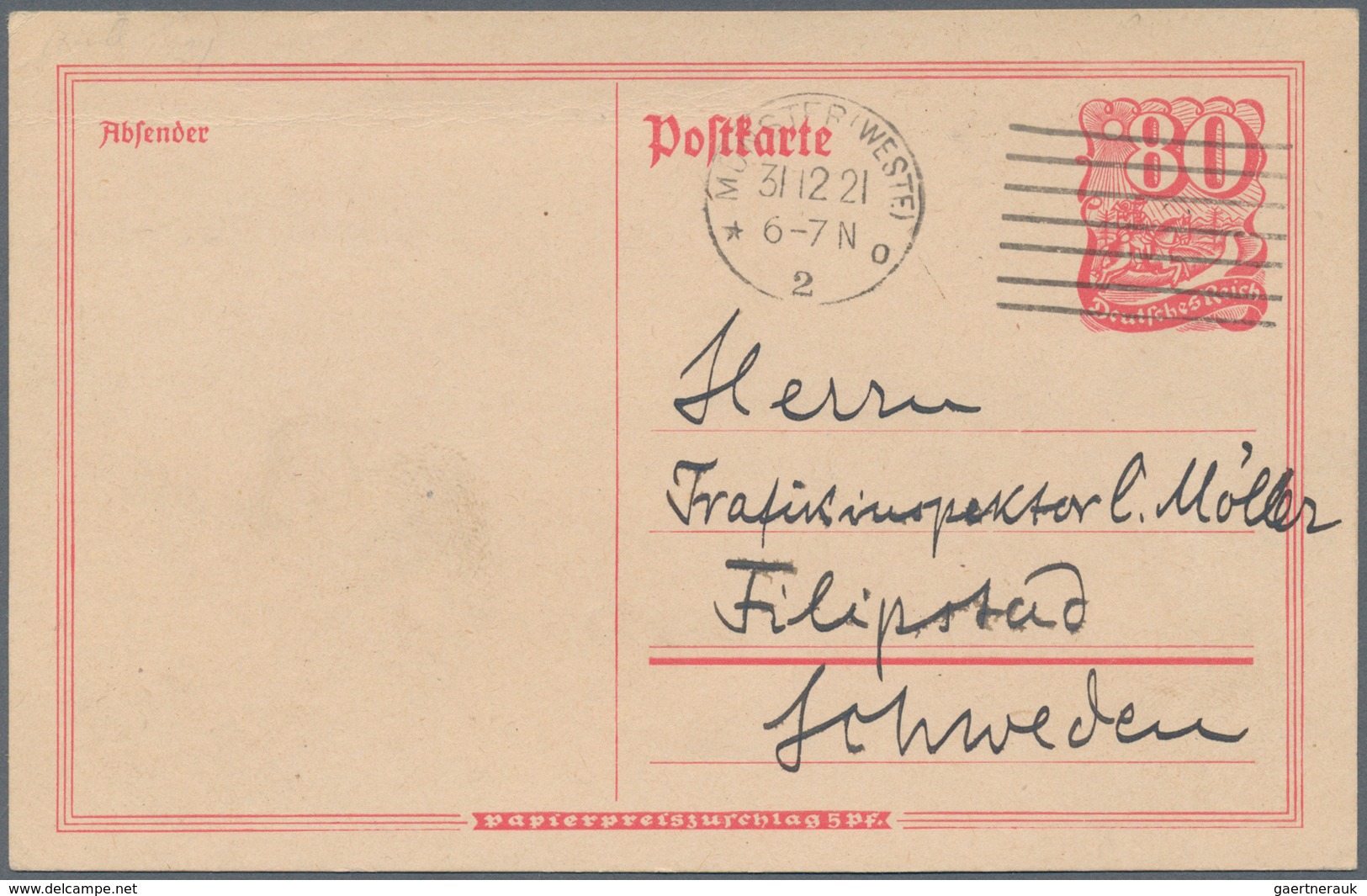 Deutsches Reich - Ganzsachen: 1921, Ganzsachenkarte 80 Pfg. Postreiter, Gebraucht Ab "MÜNSTER 31.12. - Autres & Non Classés