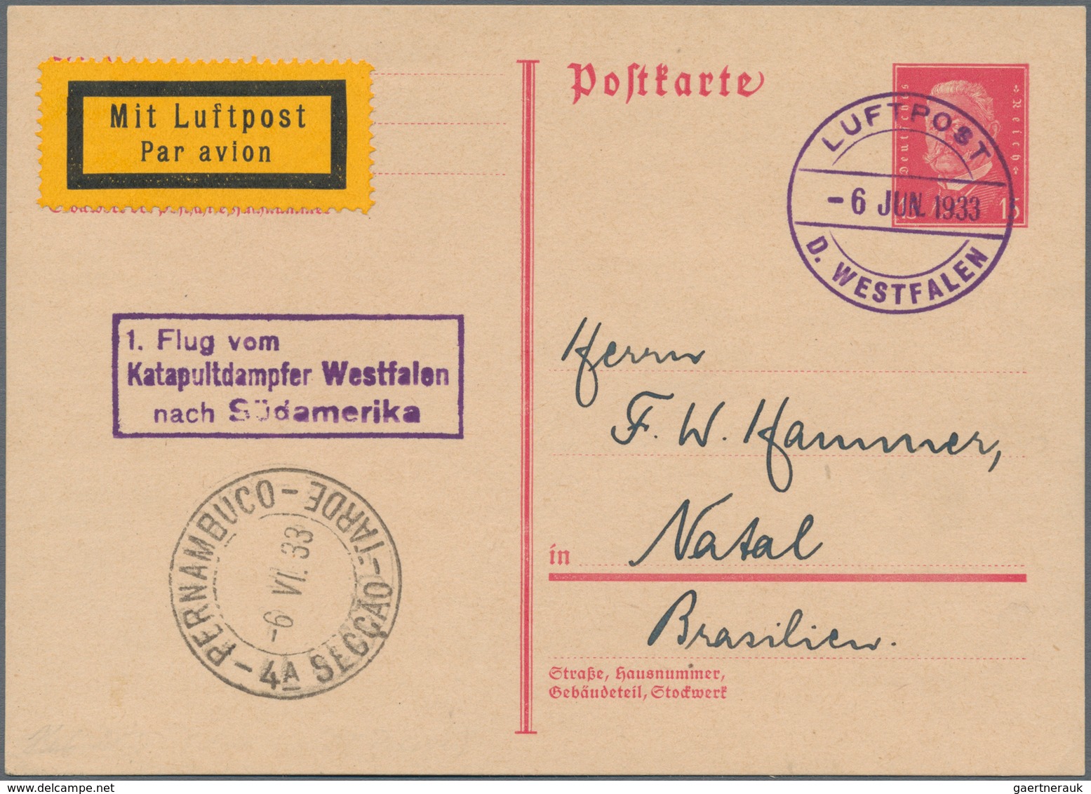 Deutsches Reich - Ganzsachen: 1933, "1. Flug Vom Katapultdampfer Westfalen Nach Südamerika". 15 Pfg. - Autres & Non Classés