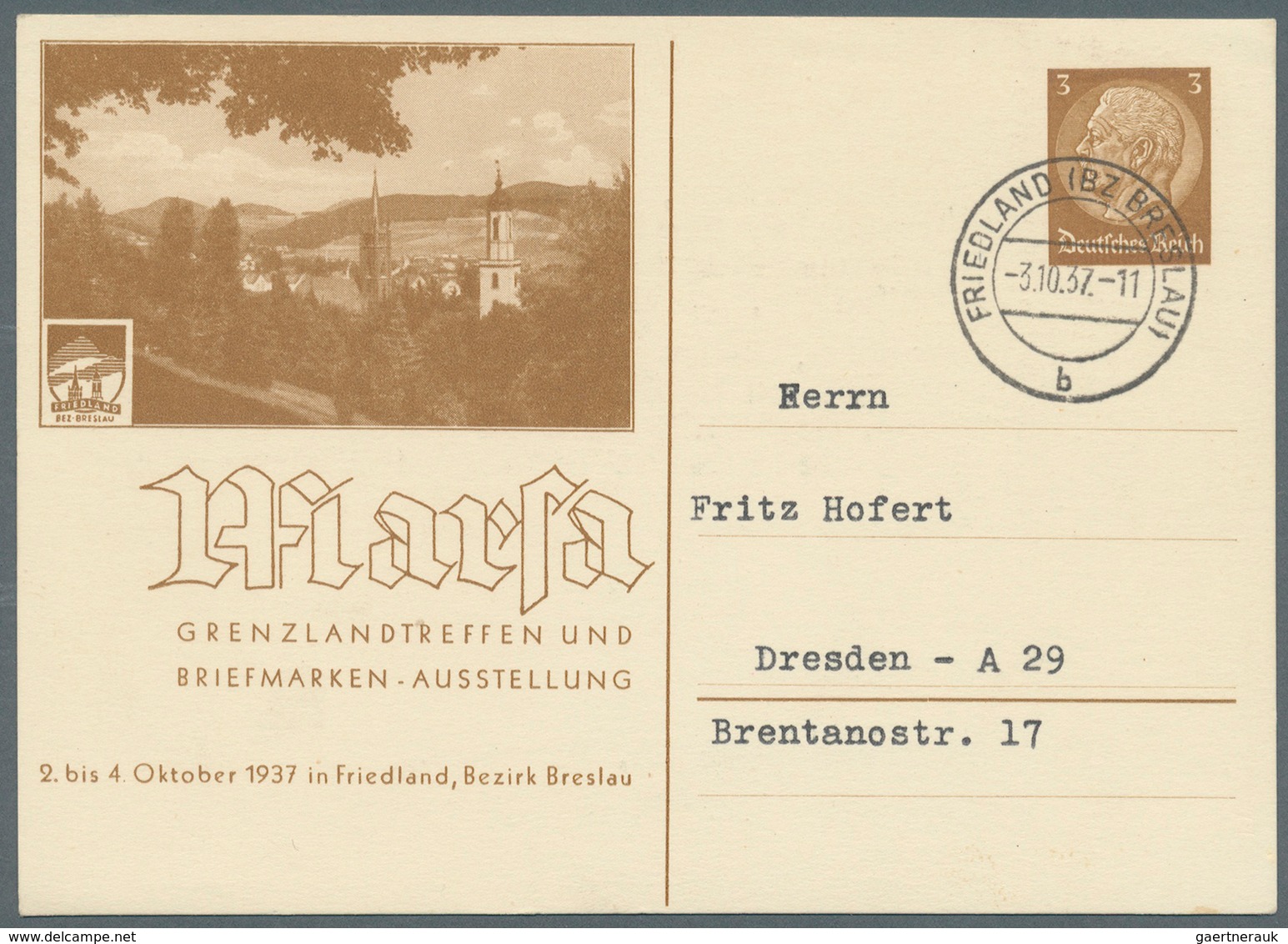 Deutsches Reich - Privatganzsachen: 1937, 3 Pfg. Hindenburg Privat-Ganzsachenkarte "Marsa - Grenzlan - Autres & Non Classés