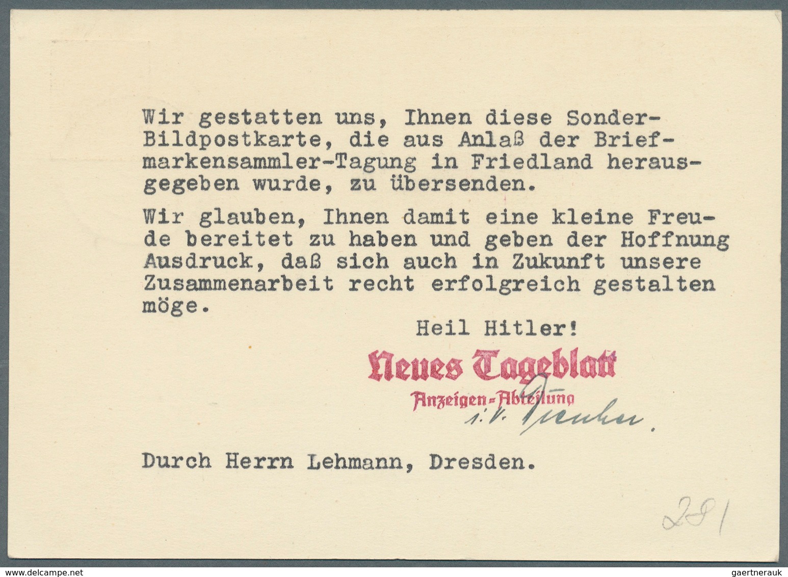 Deutsches Reich - Privatganzsachen: 1937, 3 Pfg. Hindenburg Privat-Ganzsachenkarte "Marsa - Grenzlan - Autres & Non Classés