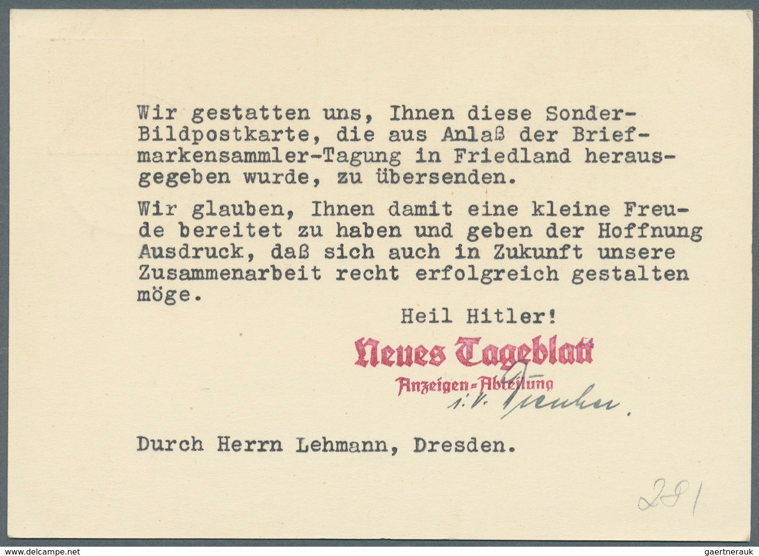 Deutsches Reich - Privatganzsachen: 1937, 3 Pfg. Hindenburg Privat-Ganzsachenkarte "Marsa - Grenzlan - Andere & Zonder Classificatie
