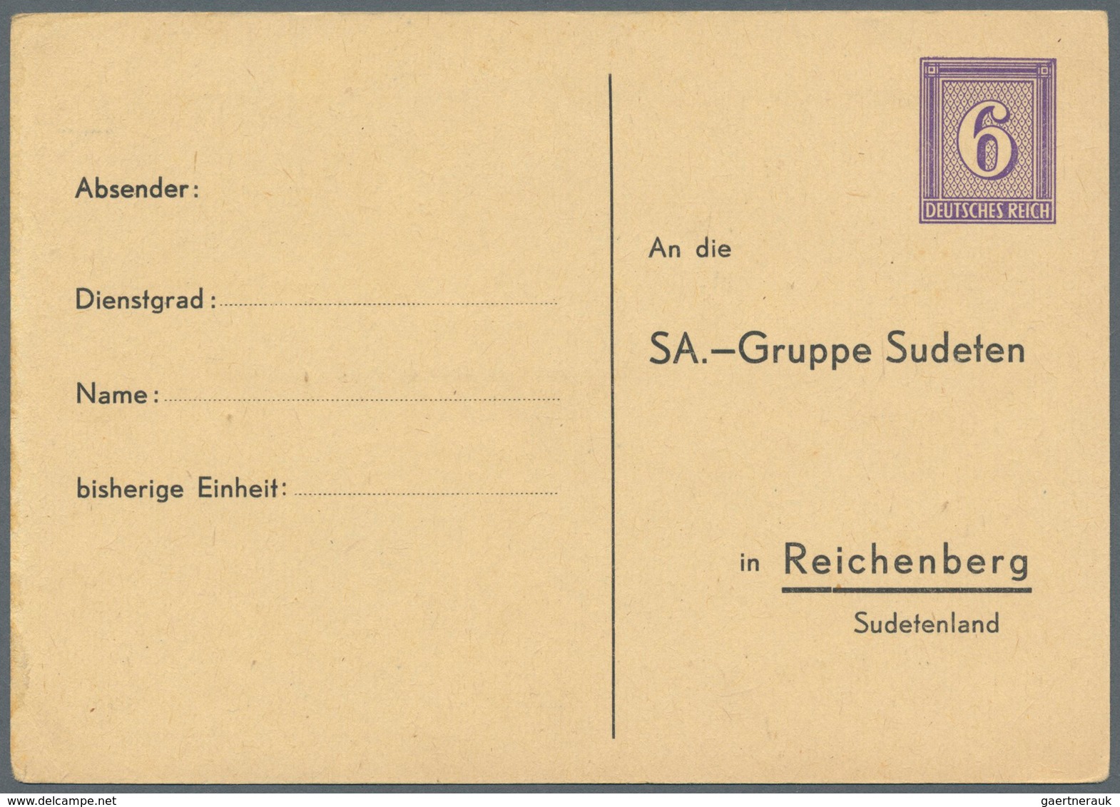 Deutsches Reich - Privatganzsachen: 1941 (ca.), Privat-Postkarte 6 Pf Violett Wertziffer "SA.-Gruppe - Altri & Non Classificati