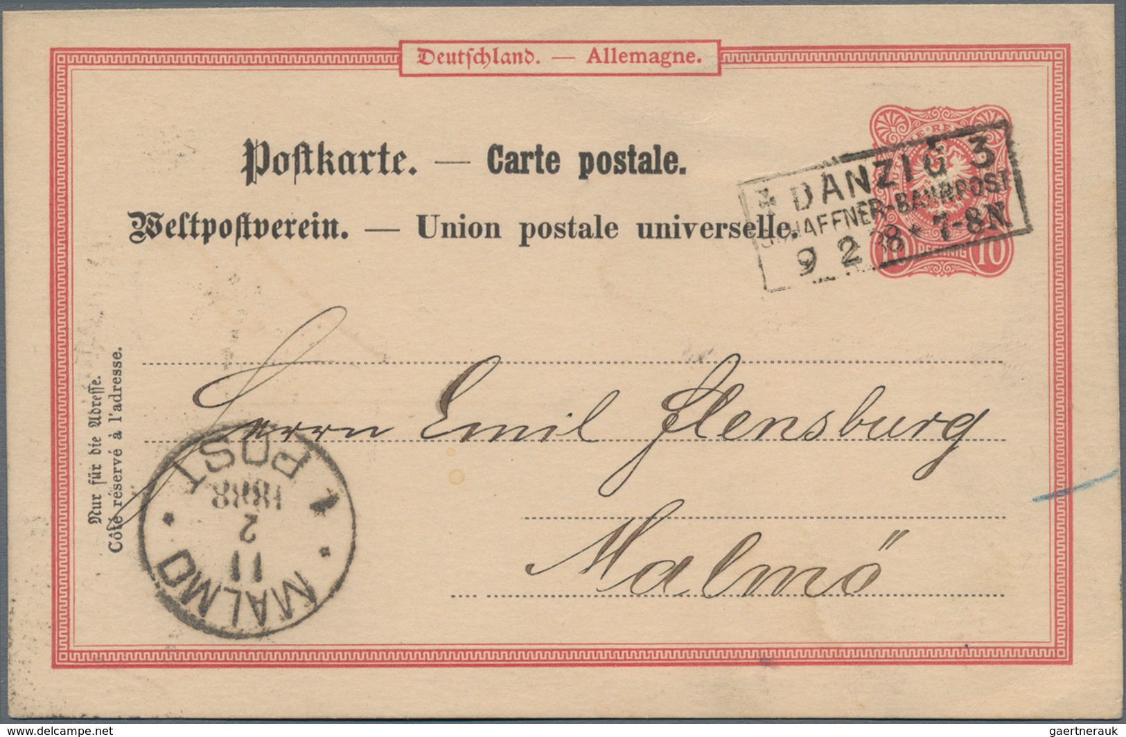 Deutsches Reich - Stempel: 1888, "DANZIG 3 SCHAFFNER-BAHNPOST 9.2.88 Auf 10 Pfg. Ganzsachenkarte P 1 - Franking Machines (EMA)