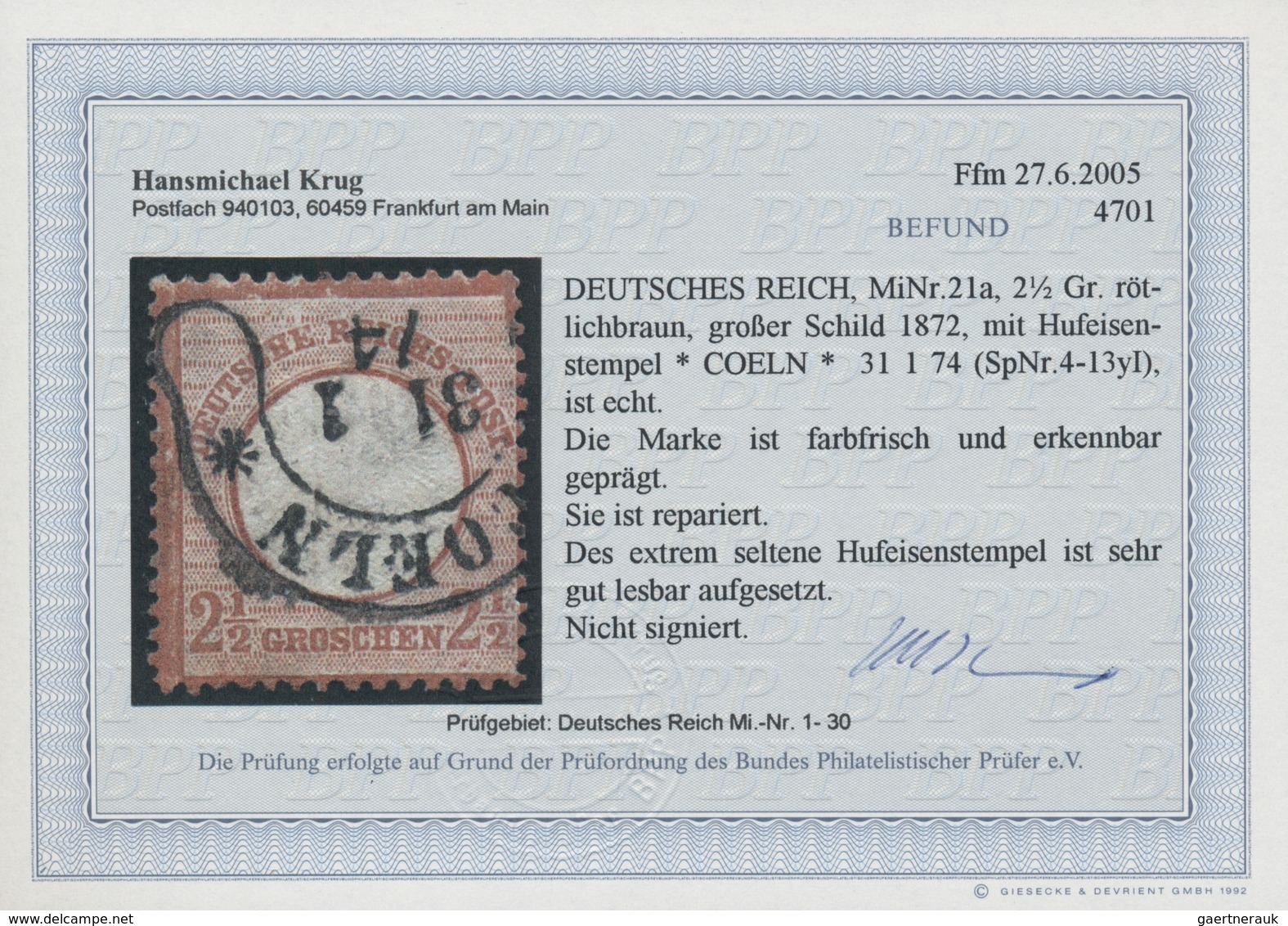 Deutsches Reich - Hufeisenstempel: COELN 31 1 74 (Spal. 4-13 Y1 Mit Beidseitig Sternen Und Aptierten - Frankeermachines (EMA)